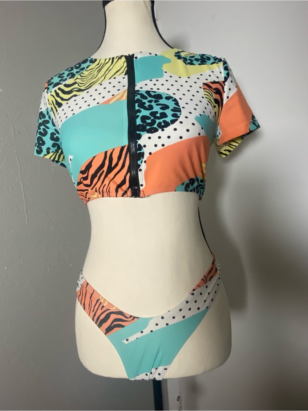 Icon Swim Orange & Blue Multicolor Geometric Print Bikini Set Size Small